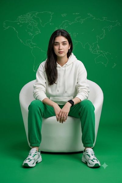 Woman in green sweatpants sits on white chair with world map