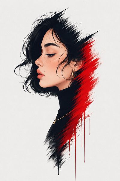 A woman's side profile blends with bold red paint strokes.