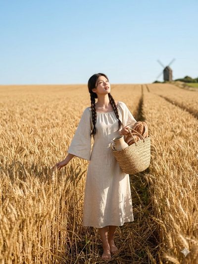 Young woman walks through golden wheat field carrying bread basket