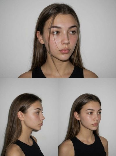 Young brunette model poses in studio with soft natural makeup