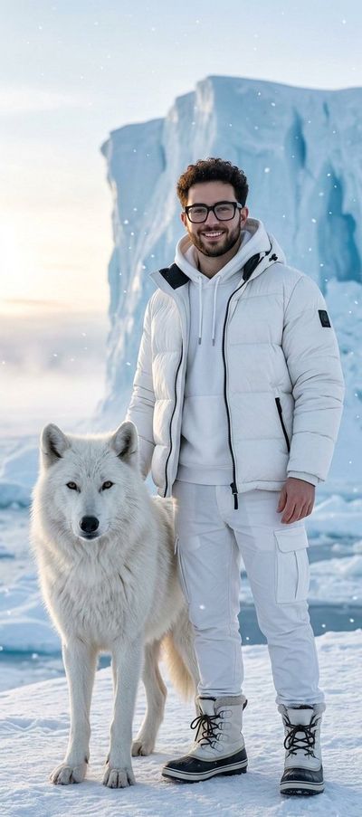 Frostbitten Duo: Human & Wolf in a Chilling Arctic Realm