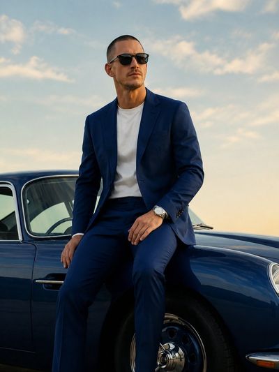A handsome billionaire sits on a vintage sports car at golden hour