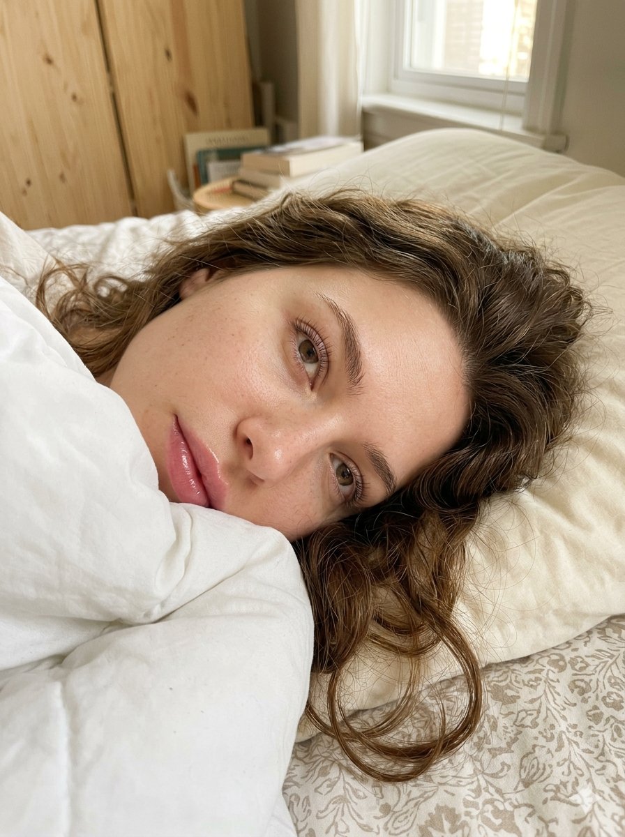 Young woman with porcelain skin gazes dreamily in warm morning sunlight