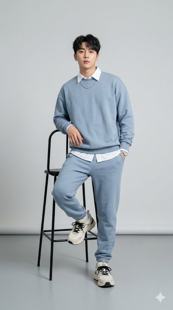 Modern East Asian Fashion with Soft Blue Tones in Studio Light