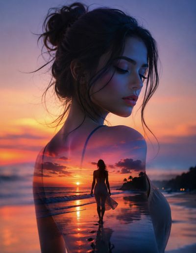 Serene woman blends with sunset beach in double exposure portrait