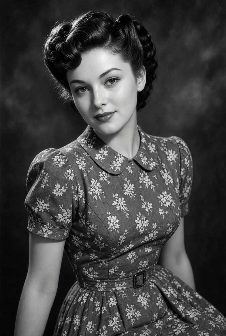 Charming young woman in floral tea dress poses in 1940s studio portrait