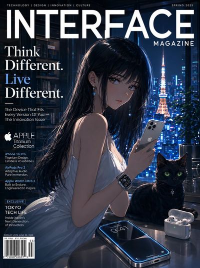 Anime girl holds glowing iPhone beside sleek black cat in Tokyo