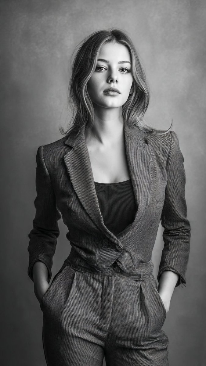 Confident woman in patterned blazer poses for studio portrait