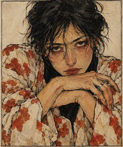Weary figure rests chin on crossed arms in ink and watercolor