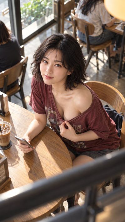 Woman in Cafe Tilts Gaze Upward While Pulling Shirt Collar