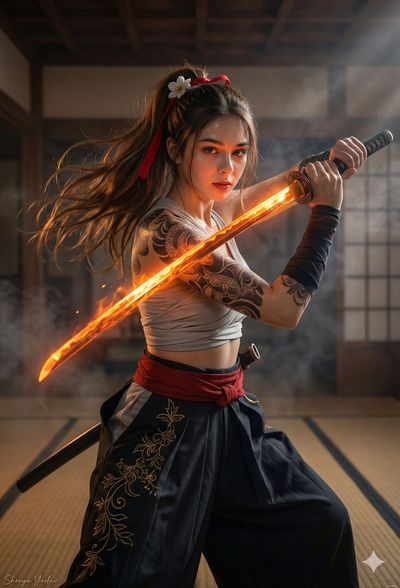 Katana's Glow: A Samurai's Fiery Resolve