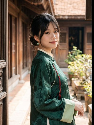Vietnamese girl in dark green silk dress leans against carved wooden house