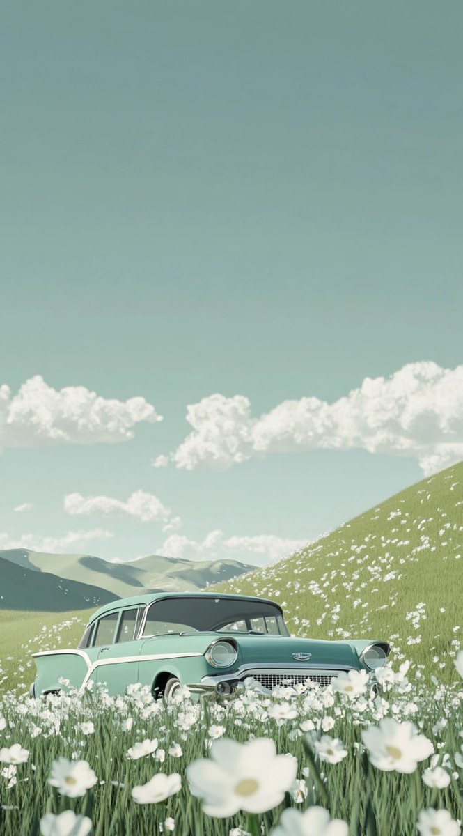A vintage car rests on a grassy hill under soft skies