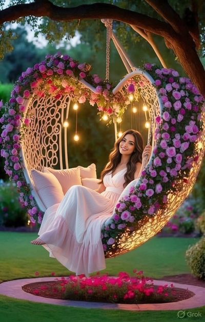 Young woman in a heart-shaped swing glows at golden hour