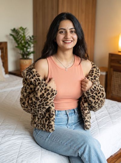 Young woman in peach tank top smiles on white bed with leopard jacket