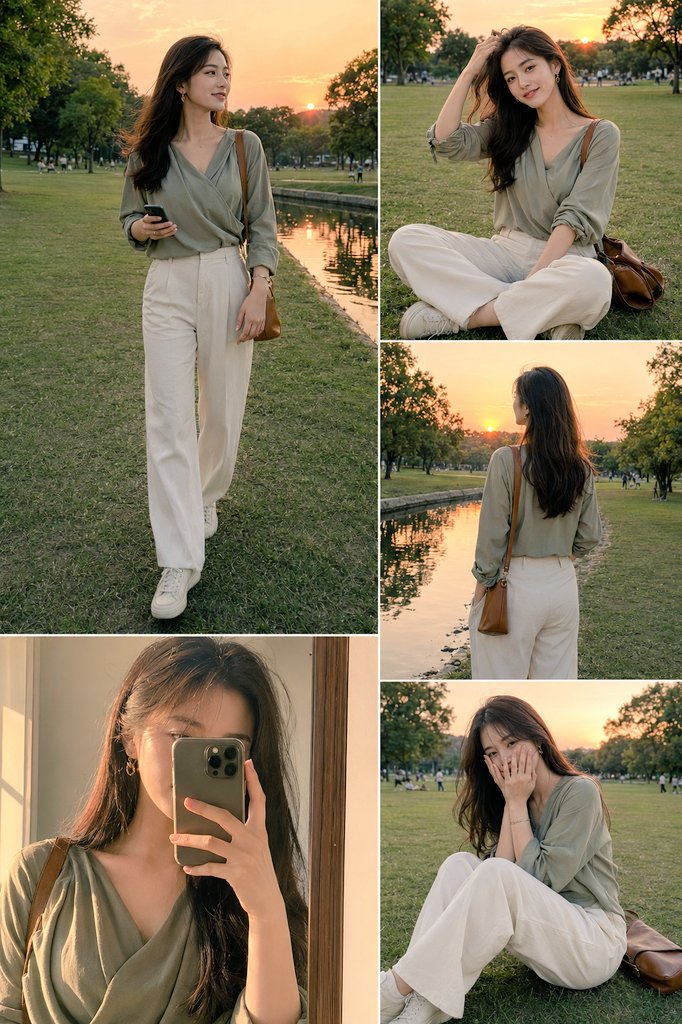 Asian woman walks beside canal during golden hour sunset photo series