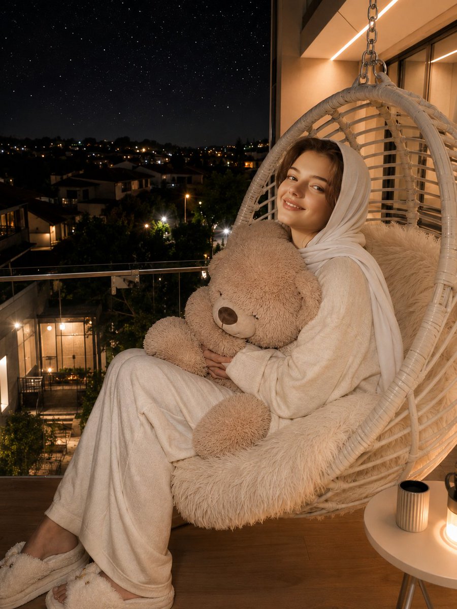 Young Muslim woman in white hijab hugs teddy bear on balcony