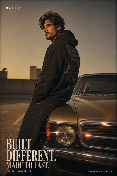 A man leans against a vintage car in golden hour sunlight