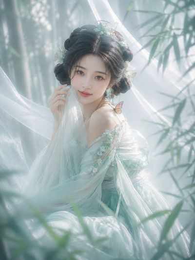 A woman in a mint gown with a butterfly on her shoulder