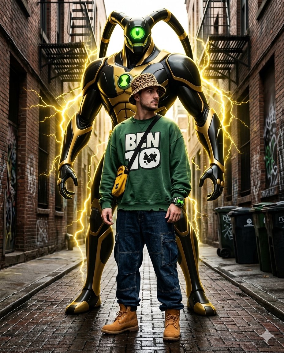 Urban Warrior with Biomechanical Guardian in Hyper-Realistic 8K Detail