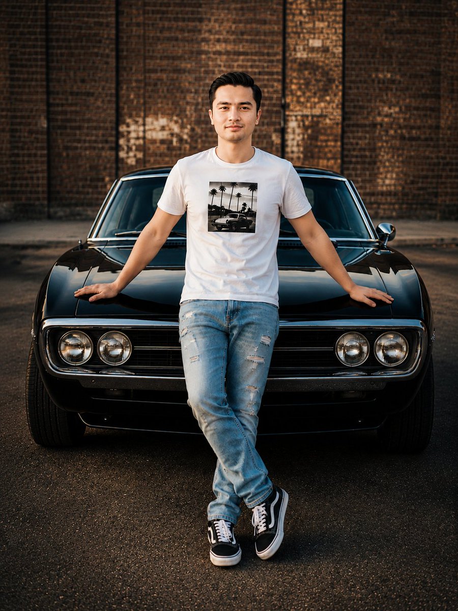 Young man leans against a glossy black muscle car in an urban lot