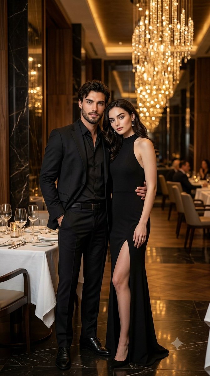 Elegant couple poses in luxurious restaurant with golden chandelier bokeh