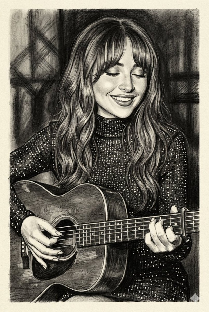 Charcoal Portrait of Guitarist in Sequined Dress