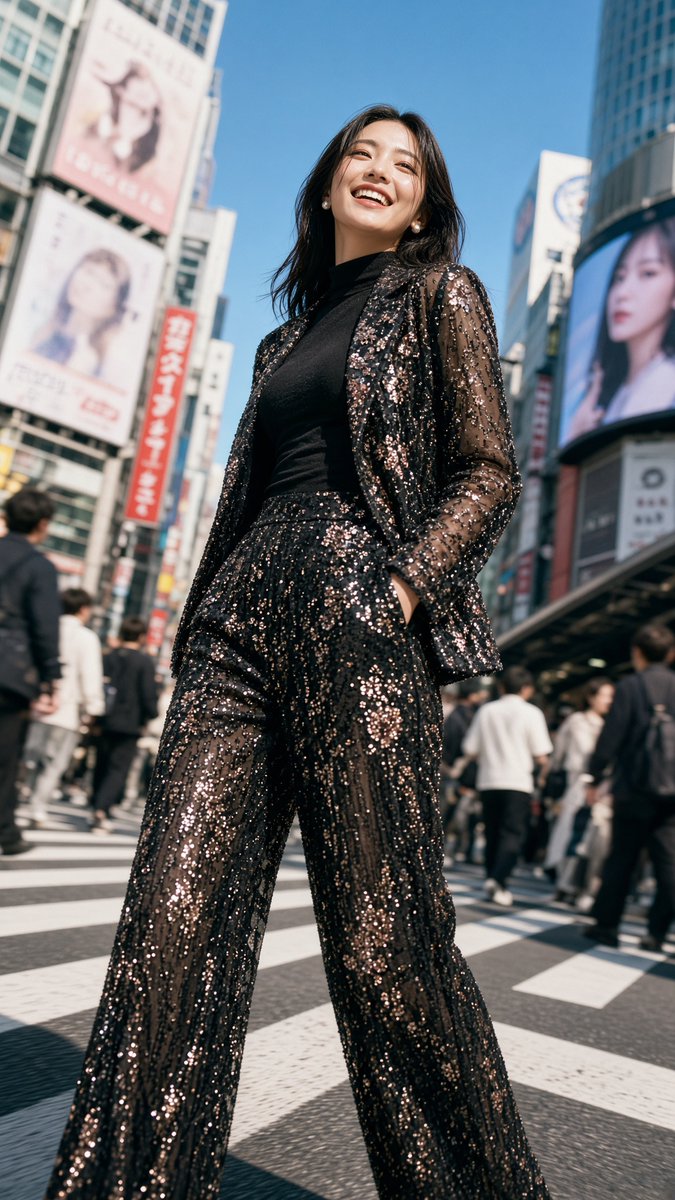 Woman in sequin outfit smiles near Shibuya crossing under blue sky