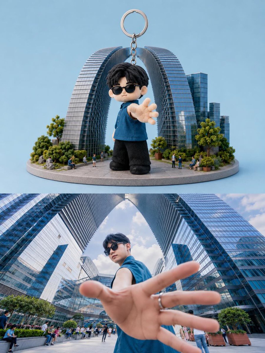 Chibi keychain figure reaches out from tiny city platform