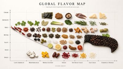 Global ingredients map into a chef's knife silhouette from above