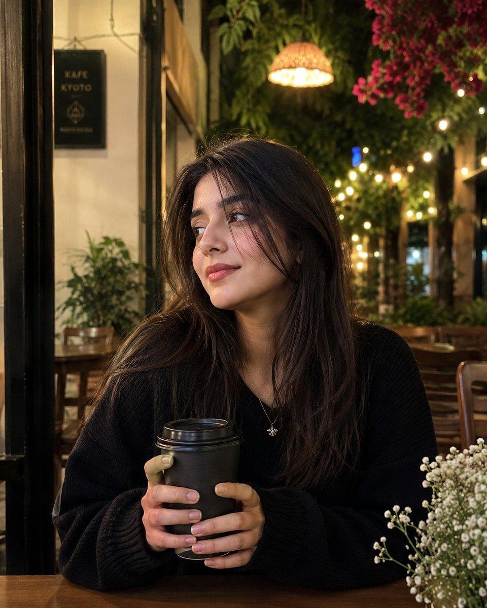 Young woman smiles softly at café table under warm string lights