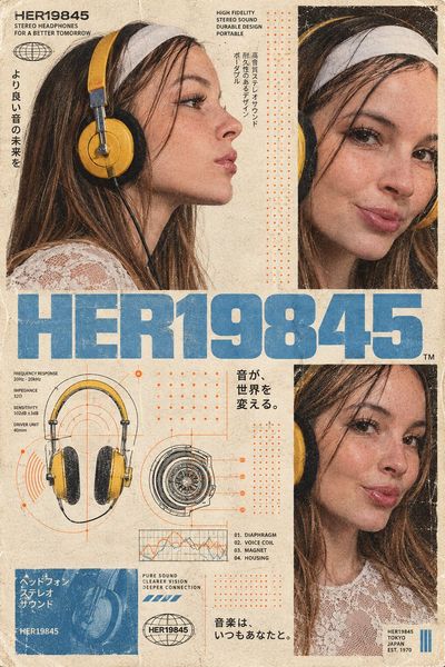 Vintage Japanese Poster Splits Model With Yellow Headphones and Technical Grid