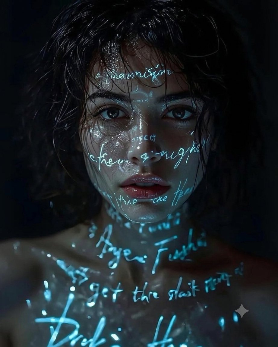 A woman with glowing cyan script stares intensely into the camera.