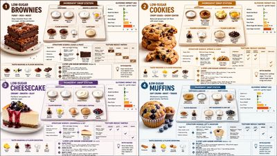 Four low-sugar desserts shown in isometric ingredient swap stations