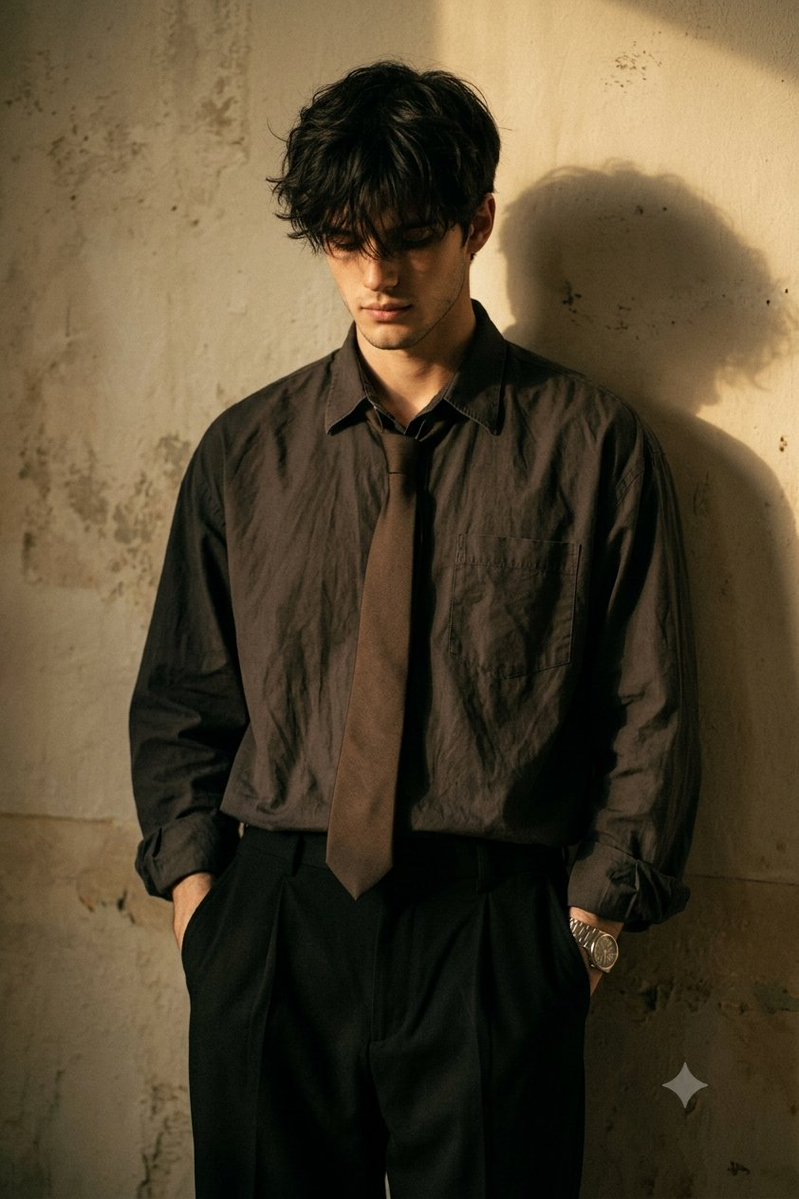 A melancholic young man leans against wall in golden light
