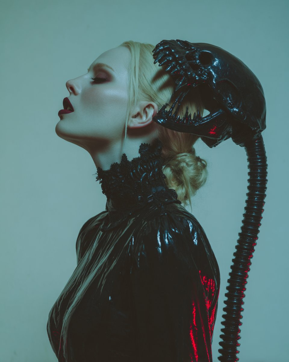 Fierce Elegance Meets Alien Horror in a Dark Sci-Fi Portrait