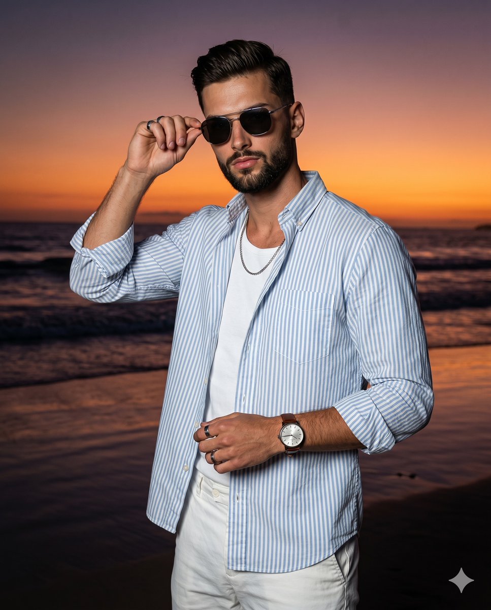 A bearded man in white and blue stands on a dusky beach