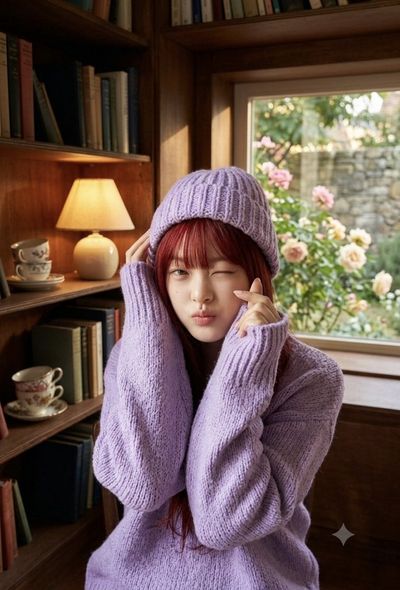 Redhead in purple knitwear winks by cozy bookshelf