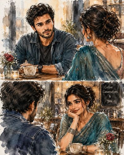 A South Asian man gazes lovingly at his saree-clad partner in a cozy café