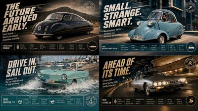 Vintage sports cars race through a desert dust storm at sunset