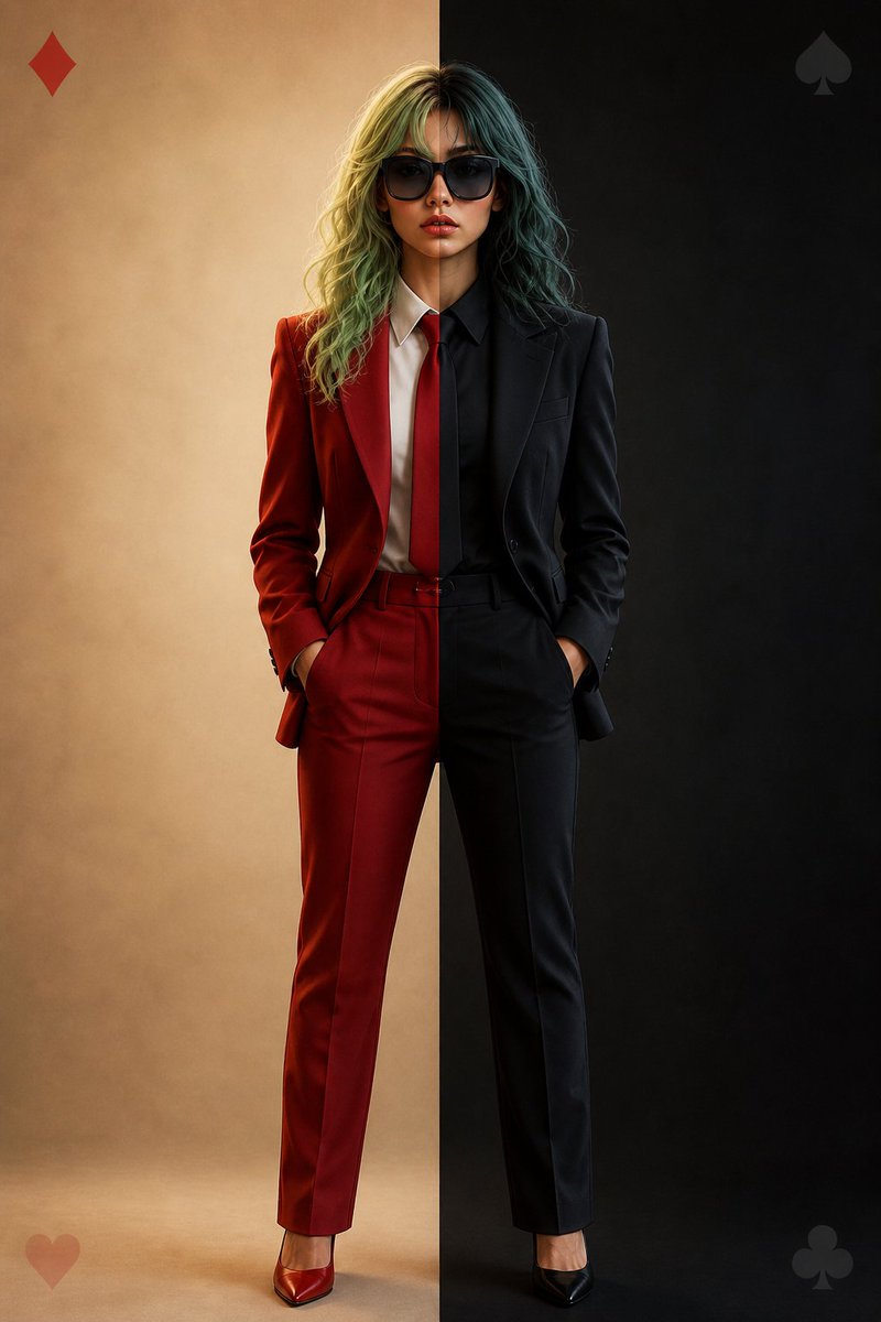 Split Identity Fashion Portrait: Red vs Black