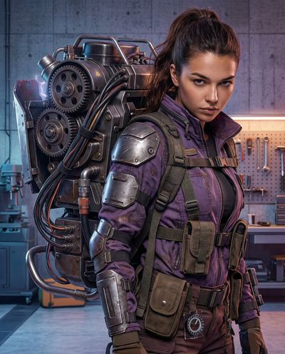 Futuristic Cyberpunk Mechanic with Industrial Exosuit