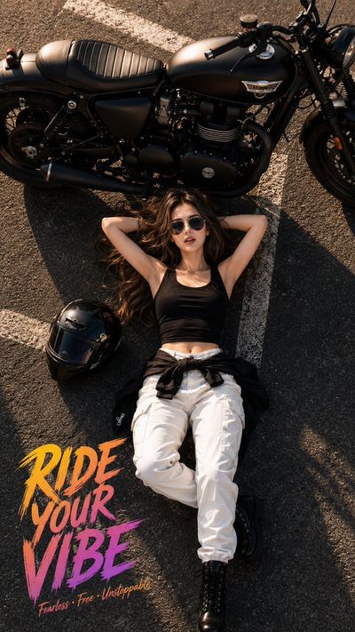 Rebellious biker woman rests beneath her motorcycle on sun-warmed asphalt