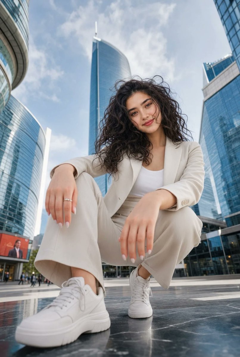 Curly-haired woman crouches in glass plaza at low angle