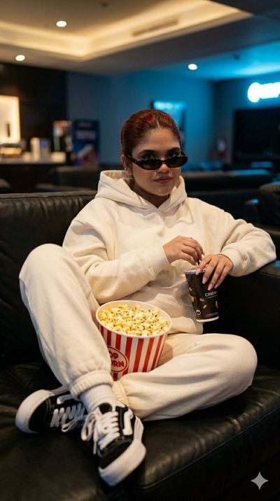 Cinematic evening with popcorn and a cola in a dark theater lounge
