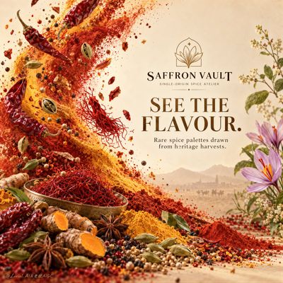A diagonal spice wave sweeps upward across warm parchment space