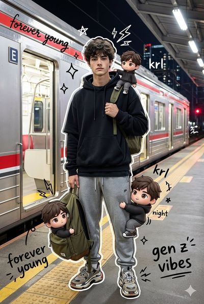 Gen Z Vibes at the Station: A Trendy Portrait with Playful Chibis