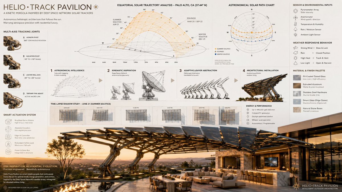 Autonomous kinetic patio pergola tracks the sun across the sky