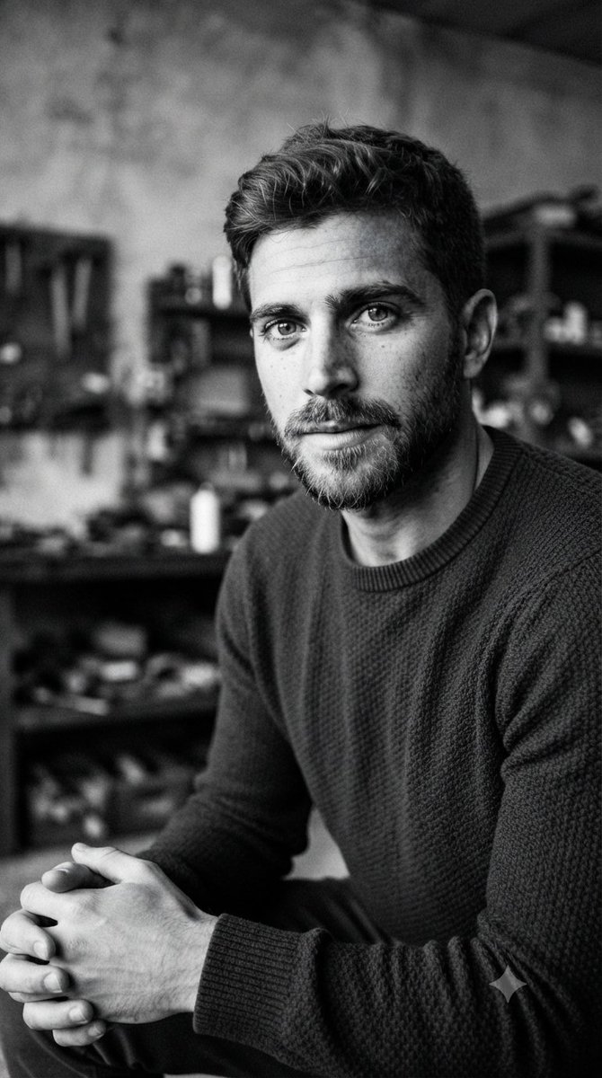 A focused craftsman contemplates his next creative move in a rustic workshop.