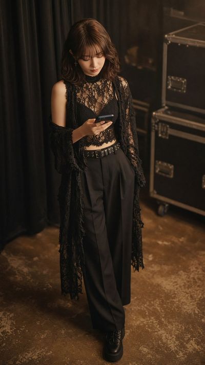 Young Woman Leaning Backstage, Phone in Hand, Golden Light